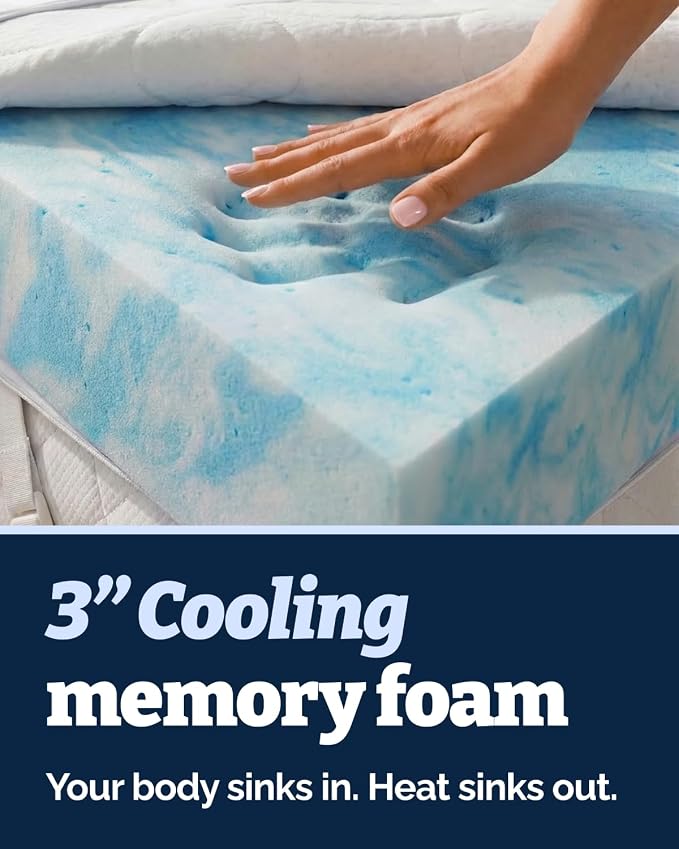 Memory Foam Mattress Topper & Cooling Cover - Dorm Room Essentials - 3 Inch | Plush, Thick & Comfy, Pain & Pressure Relief, Twin XL Size Mattress Pad w/ Straps & Removable Washable Cover, Oeko-Tex