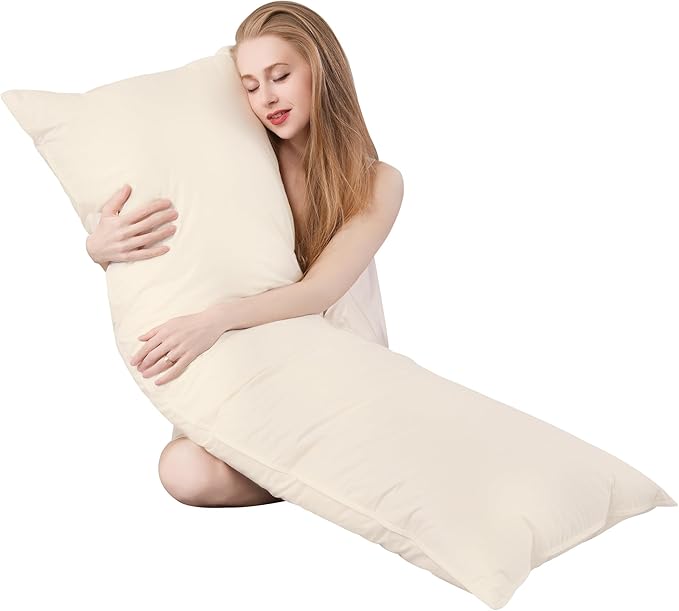 Goose Down Body Pillows for Adults, Large Body Pillow for Side Sleeper, Hugging Feather Body Pillow Insert, Cooling Full Length Long Pillow for Bed with 100% Organic Cotton Shell, Beige 20"x72"