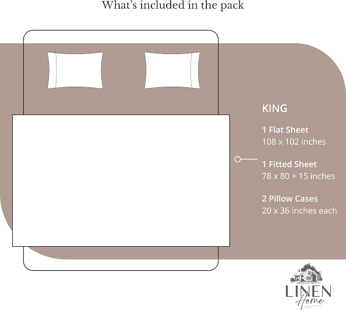 Linen Home 100% Cotton Percale Sheets King Size, Earthy Brown, Deep Pocket, 4 Pieces Set - 1 Flat, 1 Deep Pocket Fitted Sheet and 2 Pillowcases, Crisp Cool and Strong Bed Linen