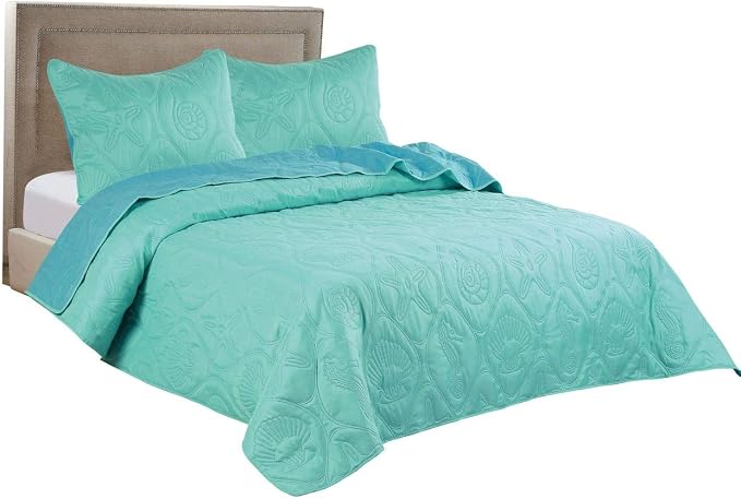 Legacy Decor 3 PCS Shell & Seahorse Reversible All Season Bedspread Quilt Coverlet Oversize, Turquoise Color, King Size