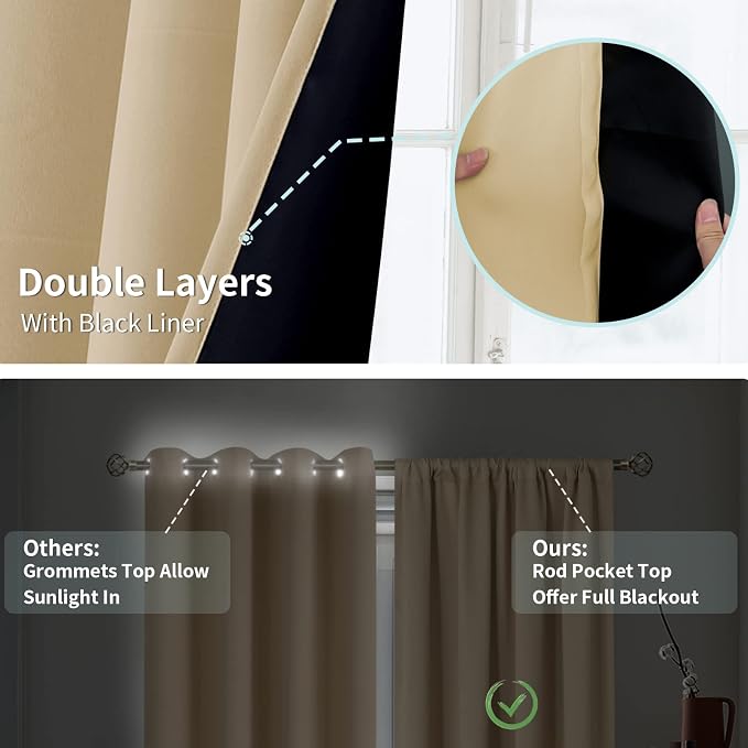 BGment Beige Blackout Curtains for Bedroom 54 Inch Length 2 Panels | Thermal Insulated, Room Darkening Curtains, Rod Pocket Soundproof, Living Room Window Curtains, 52 x 54 Inch
