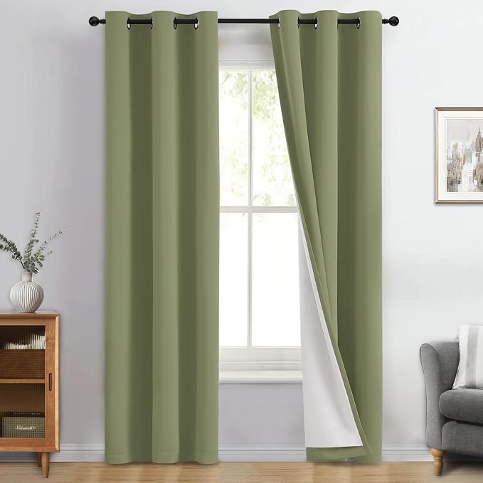 Yakamok Sage Blackout Curtains 96 Inches Long for Bedroom 40" Wide 2 Panel | Blackout Curtain Panels for Bedroom, 2 Thick Layers Grommet Top Thermal Insulated Drapes with White Back for Living Room