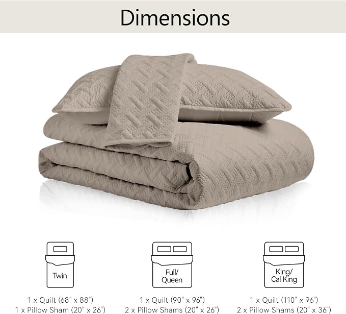 FLYMME Quilts King Size,Lightweight Taupe Bedspreads,Basket Weave Pattern,Ultra Soft Microfiber Bed Coverlet 3 Pieces for All-Seasons (1 Quilt,2 Pillow Shams)