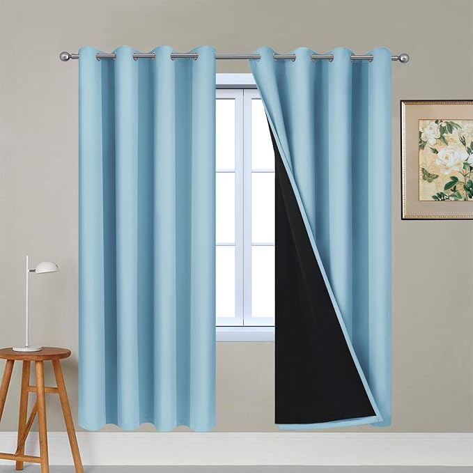 Yakamok Sky Blue 100% Blackout Curtains 72 Inches Long 52" Wide 2 Panel | Blackout Curtain Panels for Bedroom, 2 Thick Layers Grommet Top Thermal Insulated Drapes with Black Liner for Living Room