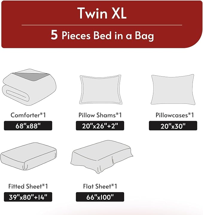 5 Pieces Twin XL Comforter Set, Reversible Bed in a Bag Twin XL Size, All Season Bedding Set with Comforter, Flat Sheet, Fitted Sheet, Pillowcases & Shams, Hot Pink & Baby Pink