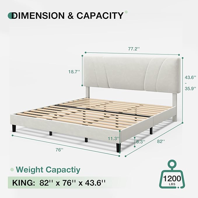 Novilla King Bed Frame and Headboard, King Bed Frame, Velvet Upholstered Bed Frames, No Box Spring Needed, Heavy Duty Feet, Easy Assembly, White Velvet