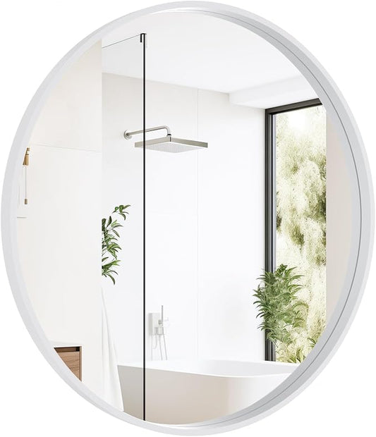 Round Wood Mirror 28 inch Circle Wall Mirror for Bathroom Round Wall Mirror for Wall Decor, Vanity, Entryway Living Room (White)