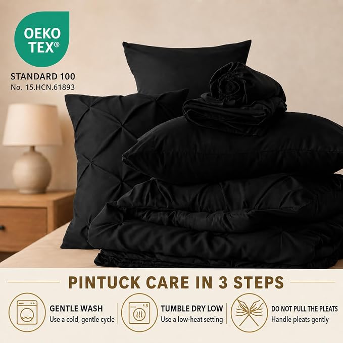HIMEET King Size Comforter Set Black - 7 Pieces Pintuck Bed in a Bag | OEKO-TEX Certified, 240GSM Down Alternative Comforter, 14" Deep Pocket Fitted Sheet + Flat Sheet + 2 Pillowcases + 2 Shams