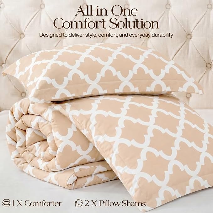 Queen Comforter Set 3 Piece Beige by Utopia Bedding, Printed Comforters Queen Size Bedding Comforters Sets, Down Alternative Soft Bed Set 1 Comforter (88 x 88 inches) 2 Pillow Shams (20 x 26 inches)
