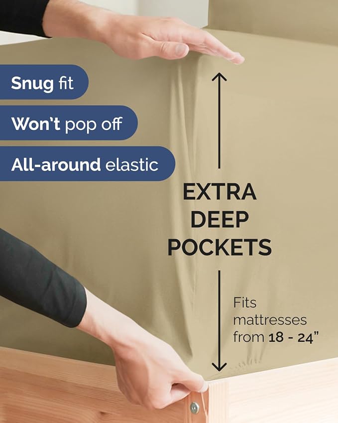 2 Pack Extra Deep Twin Fitted Sheets with Extra Deep Pockets - Beige | Hotel Luxury Bottom Fitted Sheets Only, Soft, Fade & Wrinkle Free, Breathable & Comfy, All Around Elastic Fitted Sheets