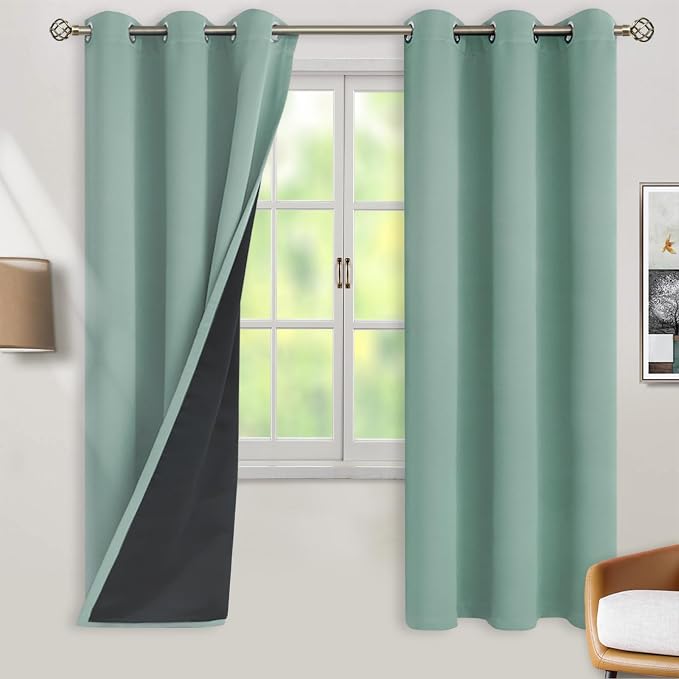 BGment Thermal Insulated 100% Blackout Curtains for Bedroom with Black Liner, Double Layer Full Room Darkening Noise Reducing Grommet Curtain (42 x 72 Inch, Frosty Green, 2 Panels)