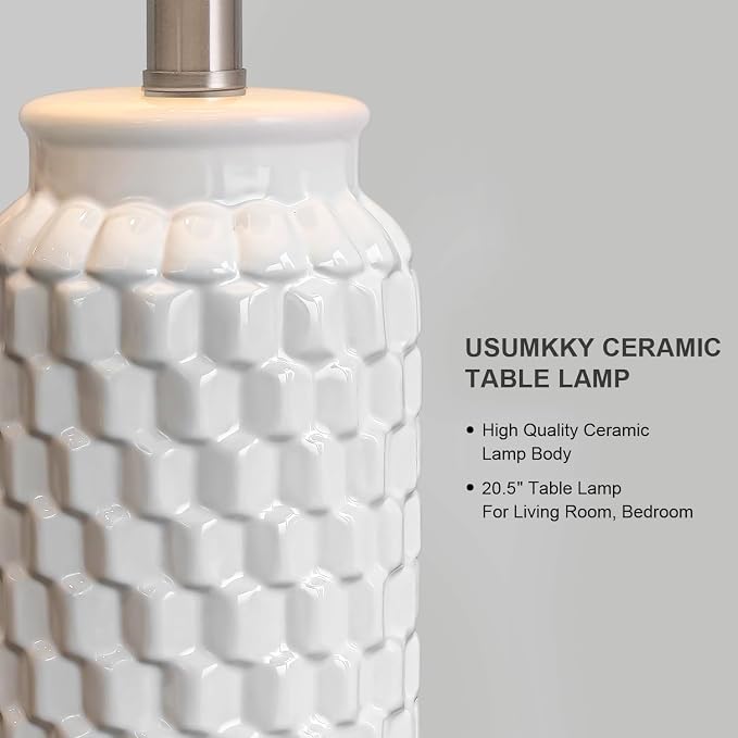 USumkky 20.5" White Modern Ceramic Bedside Lamps Set of 2, Small Table Lamp for Bedroom Decor Farmhouse Nightstand Lamp for Living Room Office