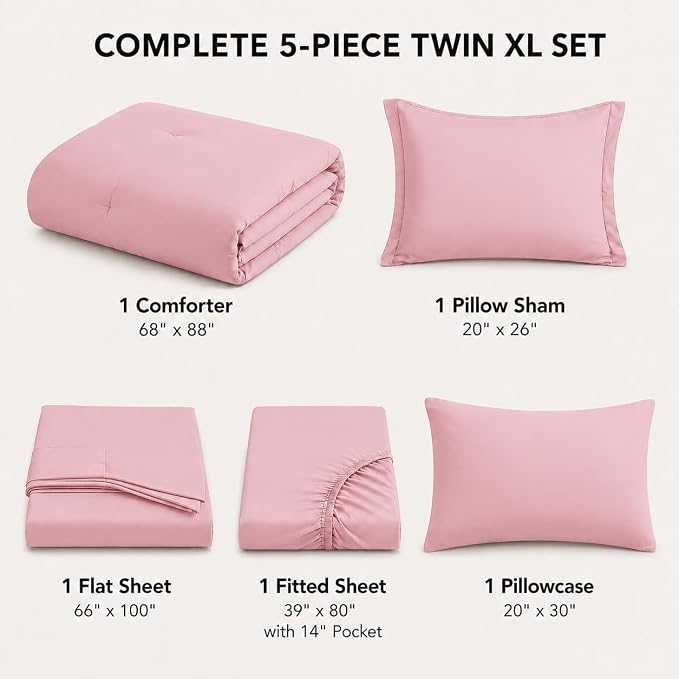 HIMEET Twin XL Comforter Set, 5-Piece Point-Quilted Bed in a Bag, Pink | OEKO-TEX Certified, Lightweight 240 GSM Comforter, Flat Sheet, 14-Inch Deep-Pocket Fitted Sheet, Pillowcase & Sham