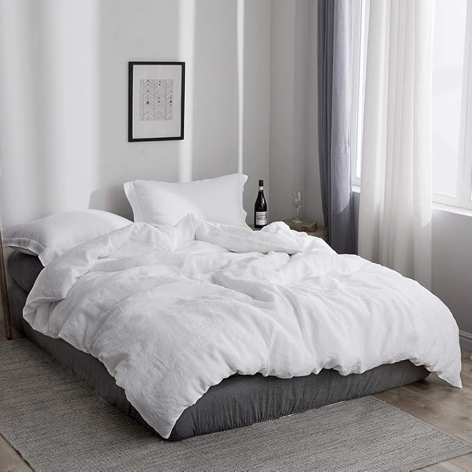Simple&Opulence 100% Linen Duvet Cover Set 2pcs Basic Style Natural French Washed Flax Solid Color Soft Breathable Farmhouse Bedding with Button Closure - White, Twin