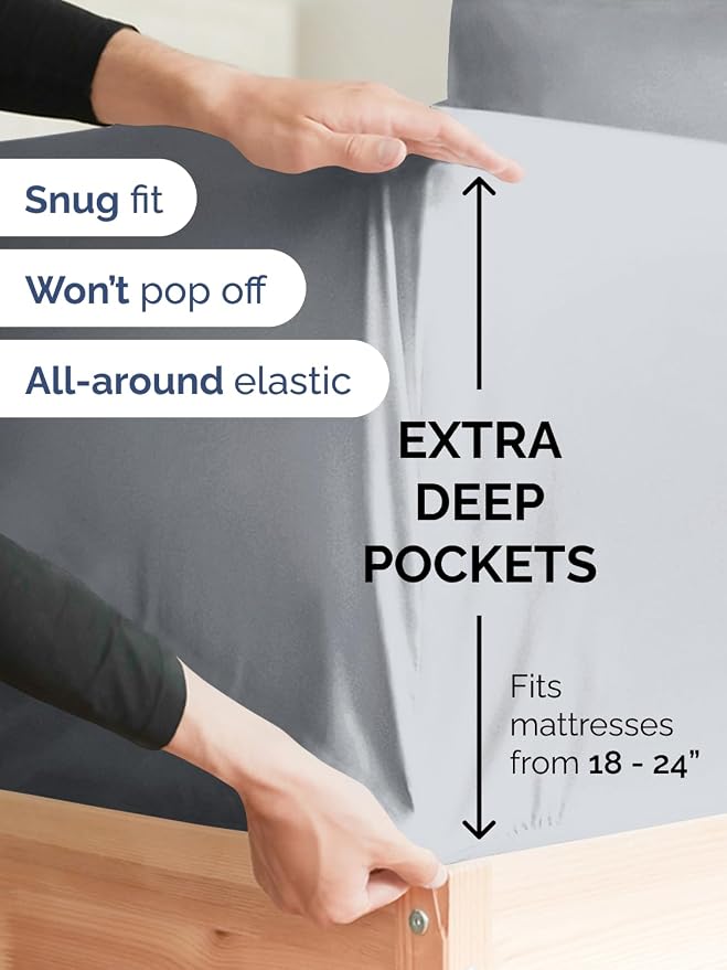 Extra Deep Cal King Sheet Set - 4 Piece Breathable & Cooling - Steel Blue | Easily Fits 18 to 24 inch Mattress, Ultra Soft, Wrinkle & Fade Free with Extra Deep Pockets, Comfy Hotel Luxury Bedding