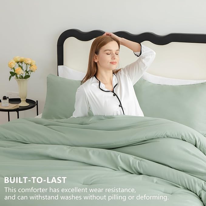 King Comforter Set, 3 Pieces Down Alternative Bedding, Sage Green | 270 GSM All Season Comforter with 4 Corner Ties for Use as a Duvet Insert, OEKO-TEX Certified, 2 Pillowcases, 102 x 90 in
