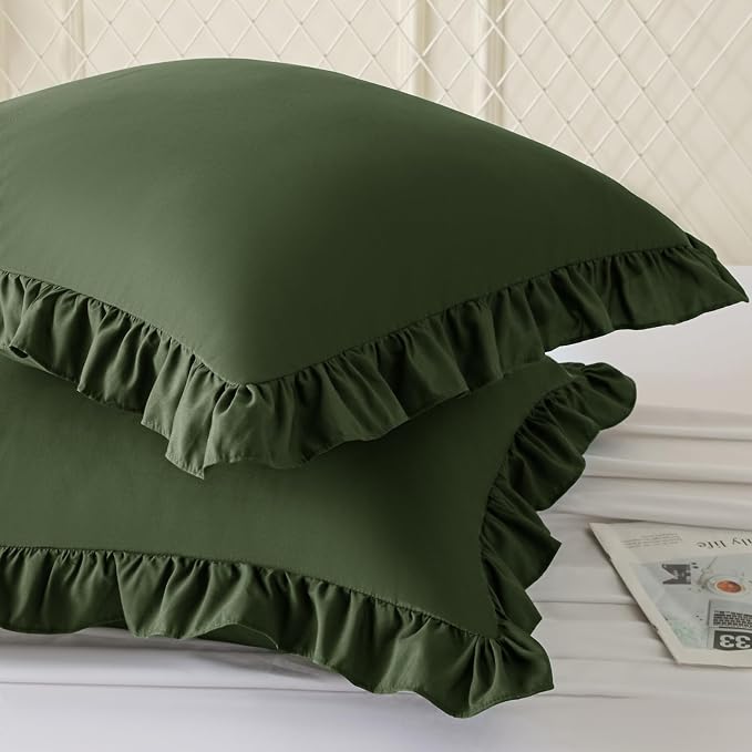 KKJIAF 2 Pack Ruffle Pillow Cases 18x18 Inches, Olive Green | Square Ruffled Pillow Covers, Microfiber Wrinkle Resistant Pillow Shams with Envelope Closure for Sofa Bed Living Room