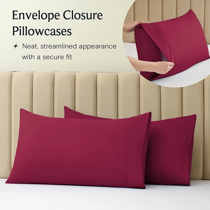Twin Size Sheets Set, Cooling & Soft Deep Pocket Bed Sheets, 3PC | LUXCLUB Cooling Twin Size Fitted Sheet & Pillowcase Sets, Breathable Hotel Luxury Bedding Wrinkle Free, Burgundy
