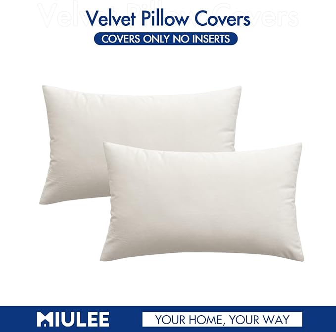 MIULEE 12x20 Inch Lumbar Velvet Throw Pillow Covers Cream White | Pack of 2 Soft Solid Decorative Pillow Covers, Modern Luxury Home Decor, for Chair Couch Sofa Bedroom Livingroom