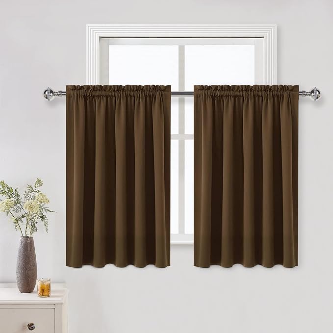 DWCN Short Blackout Curtains 60 x 36 Inch Long for Kitchen RV Bunk Brown | Room Darkening, Thermal Insulated, Light Blocking, Rod Pocket Drapes, Noise Reducing Window Treatments
