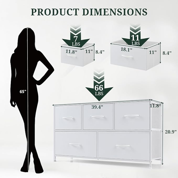 5-Drawer Dresser for Bedroom, Anti-Tip Wide Storage Organizer Fabric | Chest of Drawers TV Stand for 45" TV with Wooden Top and Metal Frame for Closet, Living Room, Hallway, Entryway, White