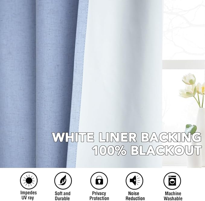 H.VERSAILTEX Linen Curtains 100% Blackout Curtains for Bedroom 84 inch Long Full Light Blocking Nature Linen Blended Window Curtains for Living Room Nickel Grommet (2 Panels, Heathered Chambray Blue)