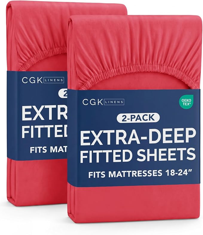 2 Pack Extra Deep Twin XL Fitted Sheets with Extra Deep Pockets - Red | Hotel Luxury Bottom Fitted Sheets Only, Soft, Fade & Wrinkle Free, Breathable & Comfy, All Around Elastic Fitted Sheets