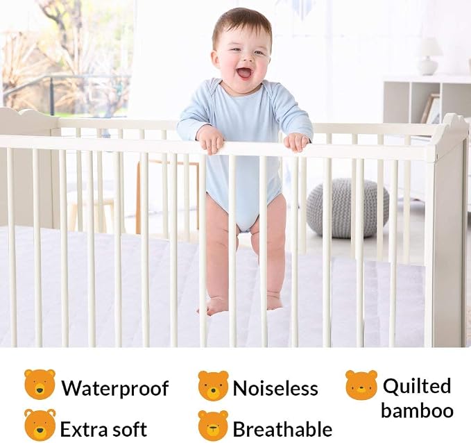 PlushDeluxe Crib Mattress Protector, 28”x49”, 100% Waterproof, Noiseless, Ultra Soft Viscose Made from Bamboo with Quilted Terry Cotton Top, White Fitted Sheet Style Toddler Crib Cover