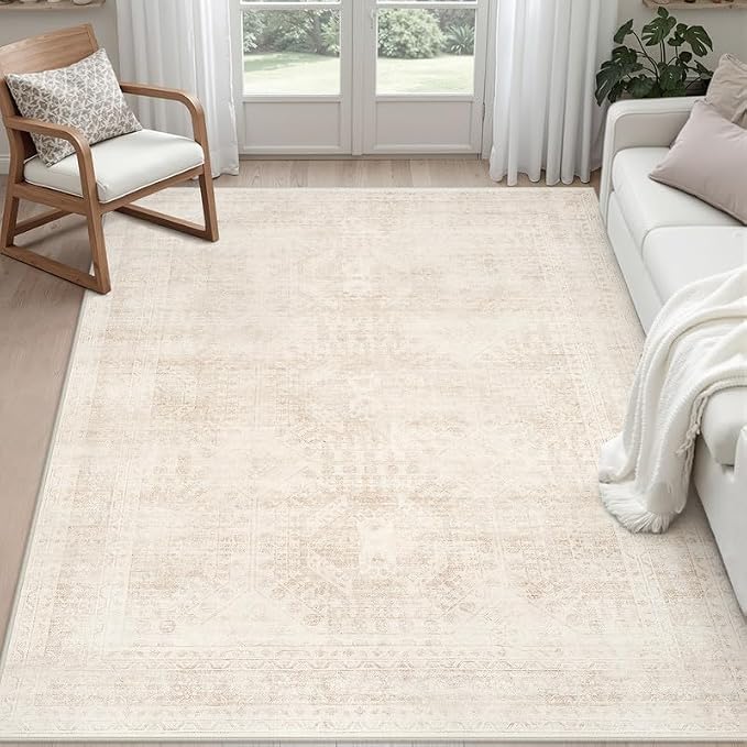 3x5 Area Rugs Living Room: Bedroom Neutral Washable Carpet Beige | Large Vintage Boho Indoor Decor Carpets Soft Nursery Farmhouse Dining Room Office Floor Non-Slip Low Pile Under Table Rug