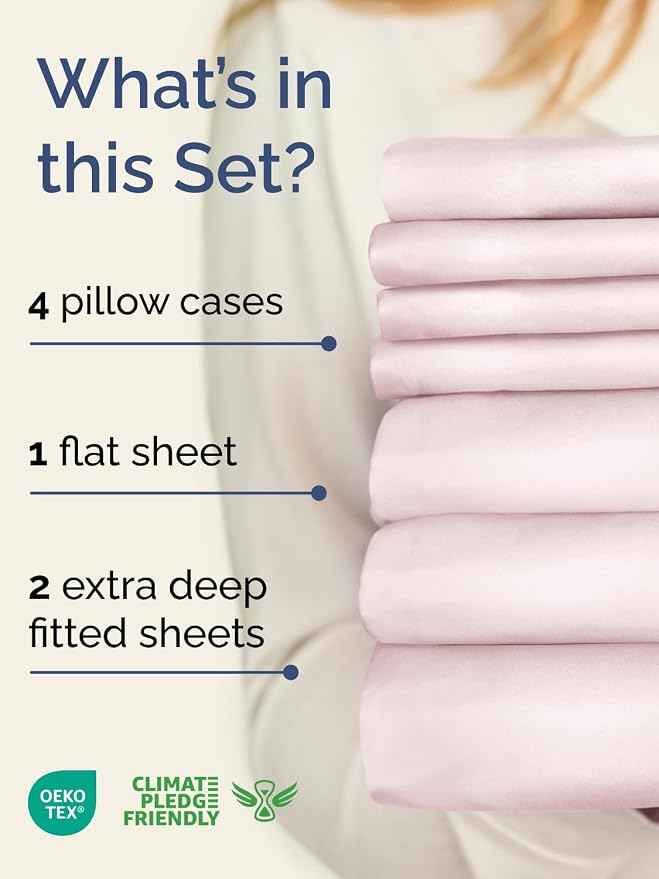 Extra Deep Split King Sheet Set - 7 Piece Cooling Sheets - Lavender Pink | Hotel Luxury Bed Sheets Set, Easy & Secure Fit, Ultra-Soft, Wrinkle & Fade Free, Comfy Sheets Set with Extra Deep Pockets