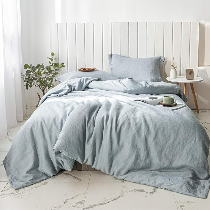 Simple&Opulence 100% Linen Duvet Cover Set 3pcs Basic Style Natural French Washed Flax Solid Color Soft Breathable Farmhouse Bedding with Button Closure - Dusty Blue, Full