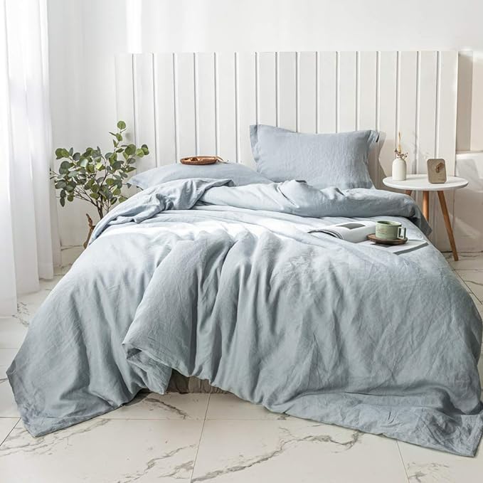 Simple&Opulence 100% Linen Duvet Cover Set 2pcs Basic Style Natural French Washed Flax Solid Color Soft Breathable Farmhouse Bedding with Button Closure - Dusty Blue, Twin