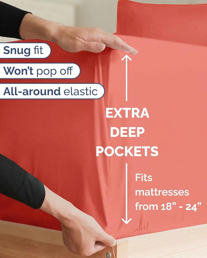 Extra Deep Twin XL Sheet Set - 3 Piece College Dorm Room - Coral | Soft, Breathable & Cooling, Easily Fits 18 to 24 inch Mattress, Wrinkle Free & Fade Resistant with Extra Deep Pockets