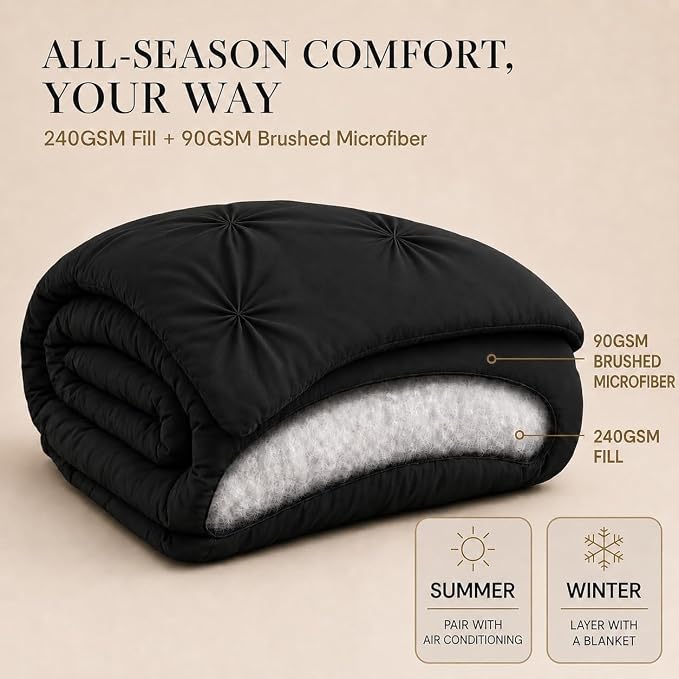 HIMEET Twin Comforter Set Black - 5 Pieces Pintuck Bed in a Bag | OEKO-TEX Certified, 240GSM Down Alternative Comforter, 14" Deep Pocket Fitted Sheet + Flat Sheet + 1 Pillowcase + 1 Sham