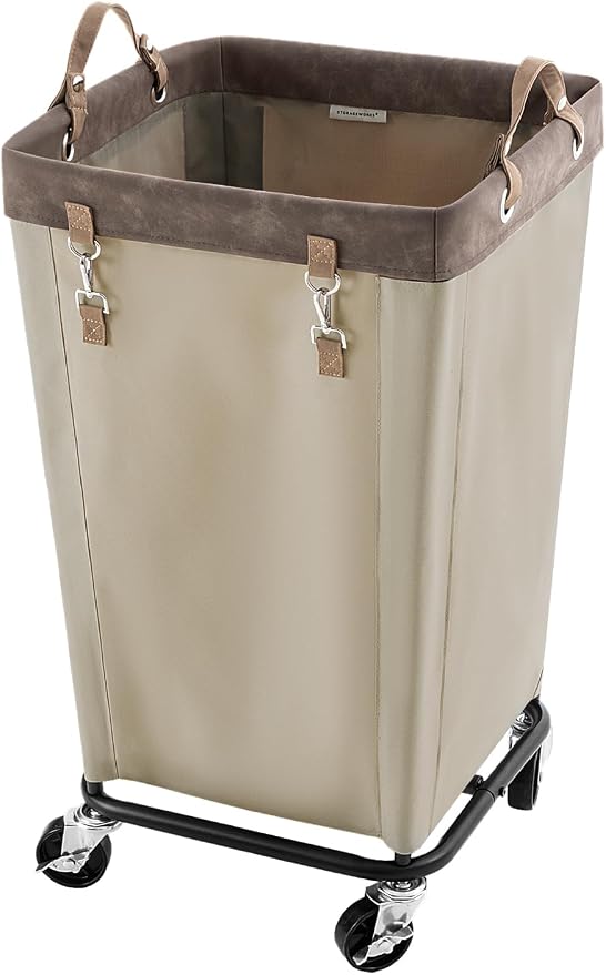StorageWorks 160L Laundry Basket with Wheels, Rolling Hampers for Clothing | Light Kahki Laundry Basket with Wheels, Metal Frame & Handles, Rolling Hamper for Bedroom, Bathroom, Dorm, Hotel