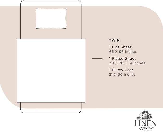 Linen Home 100% Cotton Percale Sheets Twin Size, Sand Shell, Deep Pocket, 3 Pieces Set- 1 Flat, 1 Fitted and 1 Pillowcase, Crisp Cool and Strong Long Staple Bed Linen