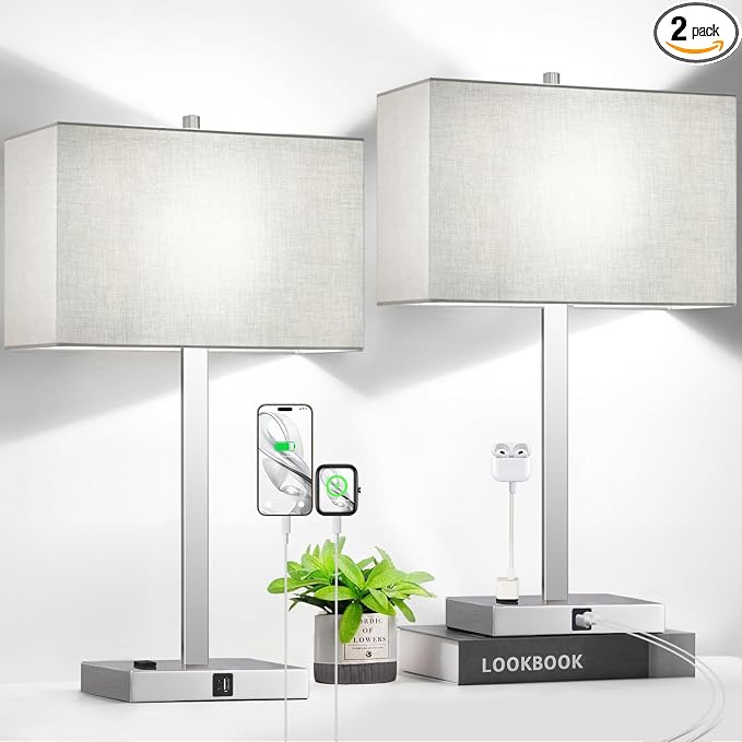 Lynnoland 21" Set of 2 Table lamp with USB A+C & AC Outlets, Touch Control 3-Way Dimmable Nightstand Lamps for Bedroom Living Room Office Reading, Gray Shade Touch Lamps, 5000K LED Bulbs Included
