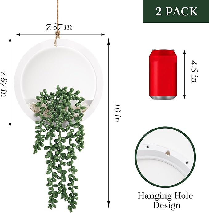 Der Rose 2 Pack 16" Artificial Hanging Plants in White Pots for Wall Decor | Realistic cascading pearls, hanging ropes, shelf display for bathroom bedroom living room boho wall decor，fresh all year