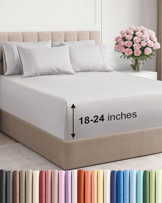 Extra Deep Queen Sheet Set - 6 Piece Breathable & Cooling - French Grey | Hotel Luxury Bed Sheets Set, Easy & Secure Fit, Ultra-Soft, Wrinkle & Fade Free, Comfy Sheets Set with Extra Deep Pockets