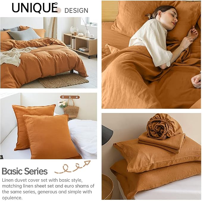 Simple&Opulence 100% Linen Duvet Cover Set 3pcs Basic Style Natural French Washed Flax Solid Color Soft Breathable Farmhouse Bedding with Button Closure - Rust, Queen