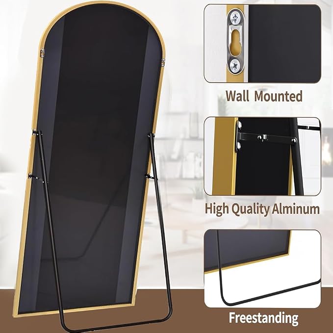 Dewfig Arched Full Length Mirror, 76"x34" Large Floor Mirror, Gold | Aluminum Alloy Frame Full Body Mirror, HD Shatterproof Tempered Glass, Lean/Stand/Wall for Living Room,Bedroom, Dressing Room