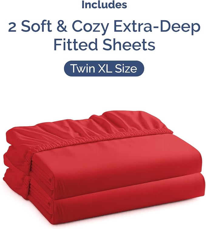 2 Pack Extra Deep Twin XL Fitted Sheets with Extra Deep Pockets - Red | Hotel Luxury Bottom Fitted Sheets Only, Soft, Fade & Wrinkle Free, Breathable & Comfy, All Around Elastic Fitted Sheets