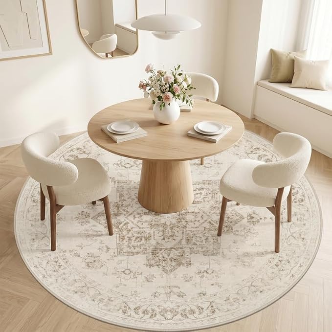 Round Area Rug Living Room: 8ft Washable Carpet Beige/Ivory | Vintage Boho Circle Soft Large Circular Carpet Bedroom Nursery Neutral Dining Room Indoor Decor Floor Non-Slip Under Table