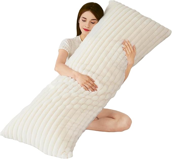 Full Body Pillow with Fluffy Stripe Faux Fur Removable Cover, Long Bed Pillow Adult 20x54 Inches for Side Sleeper and Pregnancy, Beige.
