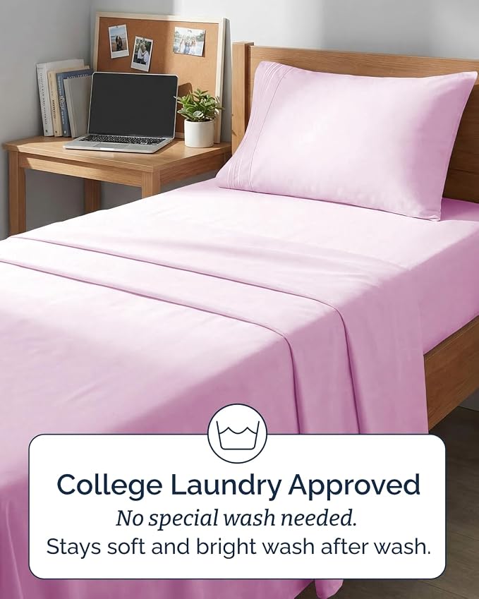 Twin XL 3 Piece Sheet Set - College Dorm Room Essentials - Light Pink | Deep Pocket Bed Sheets for Women, Men, Teens & Students, Soft, Cooling, Breathable & Wrinkle Free, Oeko-Tex Bed Sheet Set