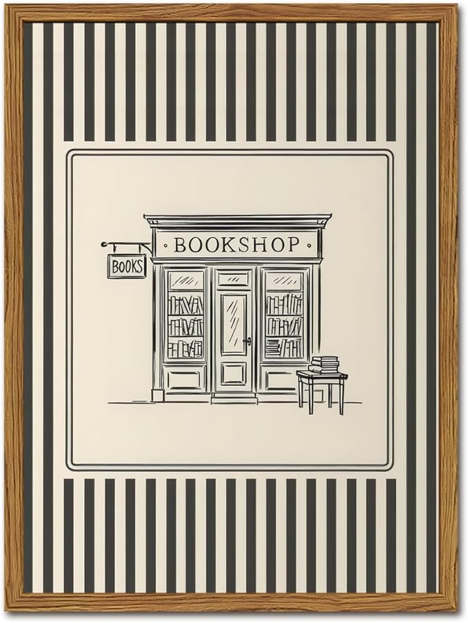 Vintage Striped Bookshop Wall Art, Retro Black and White Pictures Wall Decor College Minimalist Canvas Prints Paintings for Bathroom Bedroom Living Room 16x24 inch Framed