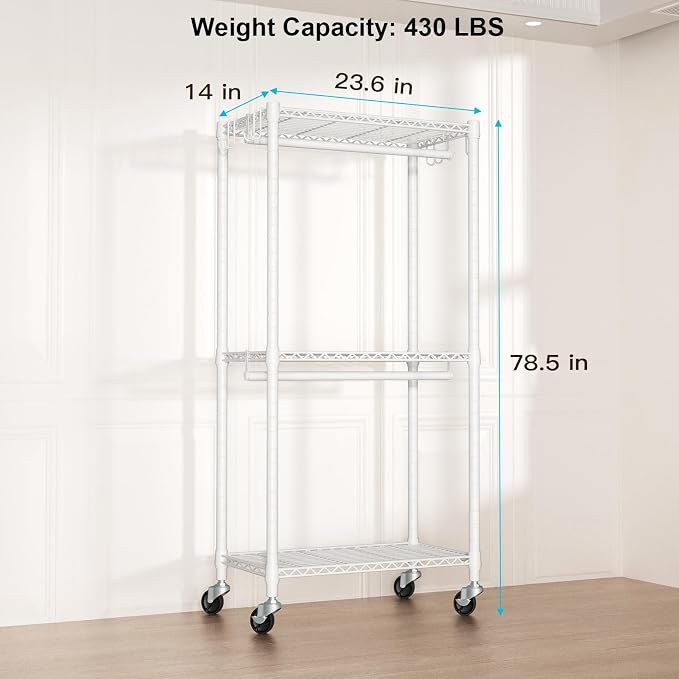 FUTASSI Rolling Clothes Rack, Clothing Racks for Hanging Clothes, White | P3 Mini Heavy Duty Garment Rack with Wheels, Freestanding Portable Closet Racks 23.6'' W x 14'' D x 78.5'' H, Max Load 430Lbs