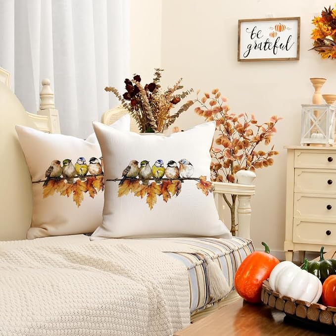 RABUSOFA Fall Pillow Covers 18x18 Inch Watercolor Bird Autumn Decorations for Home Outdoor Thanksgiving Decor Maple Leaf Decorative Throw Pillow Cases Farmhouse for Couch Sofa