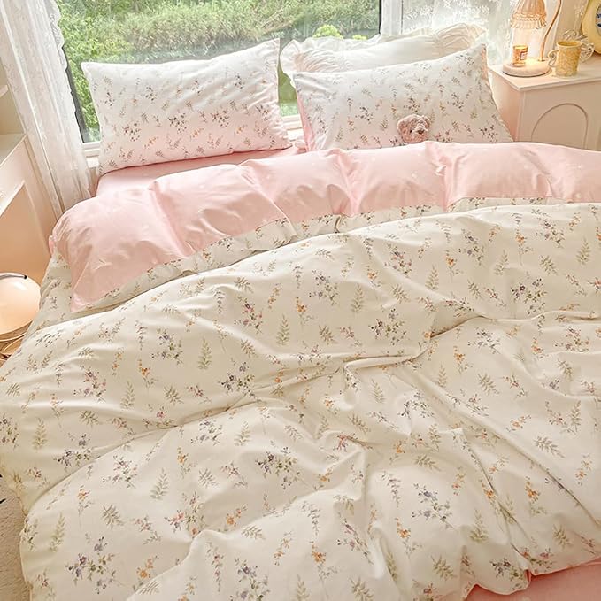Nayoroom Floral Duvet Cover Set Full Pink White Botanical Flower Bedding | Reversible, Coquette Cottagecore Bedding, Soft Breathable Washed Microfiber, All-Season, Hidden Zipper, 4 Corner Ties