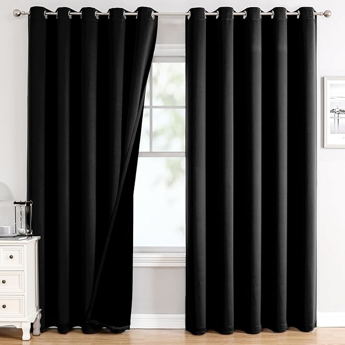 ChrisDowa 100% Blackout Curtains for Bedroom 84 Inches Long 2 Panels Set | 2 Thick Layers, Thermal Insulated, Light Blocking, Grommet, Window Treatment, Living Room Drapes, Black, 60 x 84 Inch